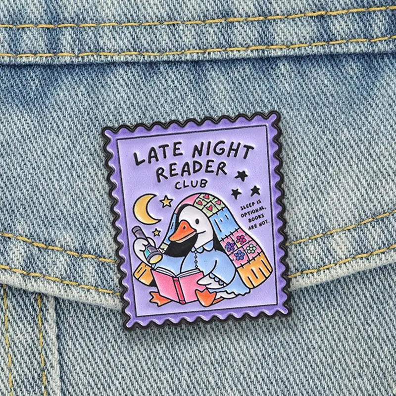 Late Night Reader Club Badge Stamp Shape Reading Duck Enamel Pins Cartoon Bookworm Brooch Reader Accessories Decor Gift