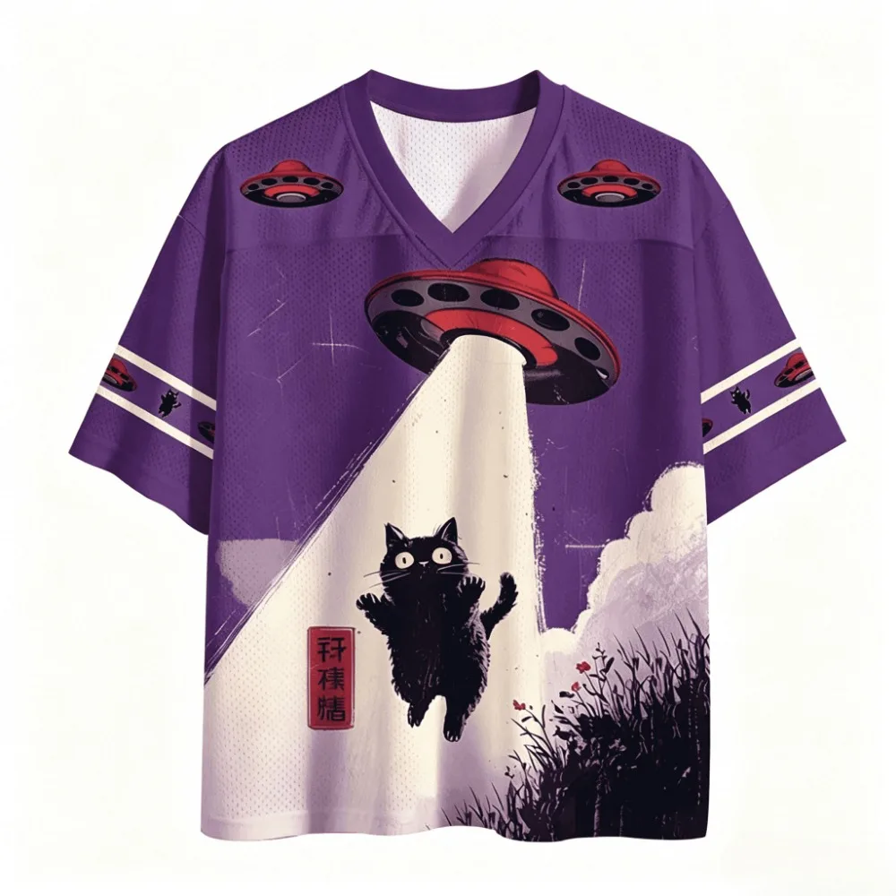 Sommerliches amerikanisches Retro Sci-Fi UFO Katzen 3D-Druck Atmungsaktives Schnelltrocknendes V-Ausschnitt T-Shirt für Herren und Damen – Sportlich-lässige Eltern-Kind-Kleidung – Detail 7