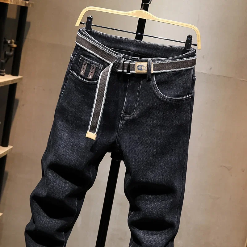 High-end winter warm thin velvet men's straight jeans casual satile washed pants small leg black