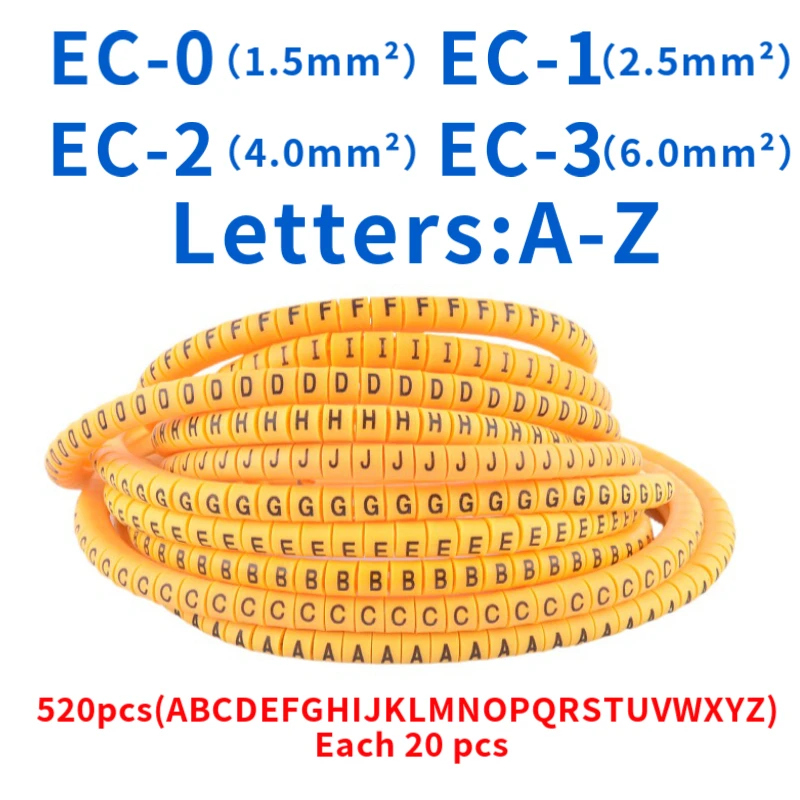 ケーブルマーカーEC-0 EC-1 EC-2 EC-3 ( A-Z) 520個 (each20pcs) 黄色のケーブルマーカー文字4sq.mm a〜zxワイヤー径ケーブルマーカー用