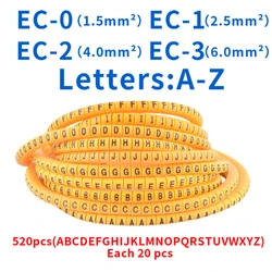 EC-0 EC-1 EC-2 (EC-3) 520 шт (Each20pcs) Желтые маркеры для кабеля с буквами 4sq.mm A to Z X для обозначения диаметра кабеля