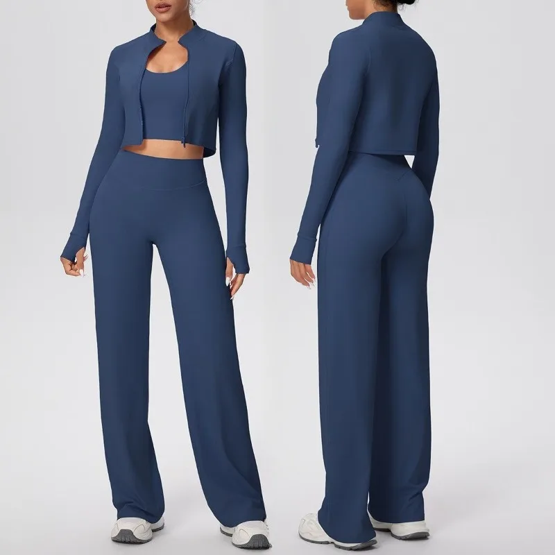 

Women's Slimming Yoga Set Tight Solid Color Quick Drying Wide Leg Hanging Neck Vest Three Piece Set Outdoor Fitness Sports Set