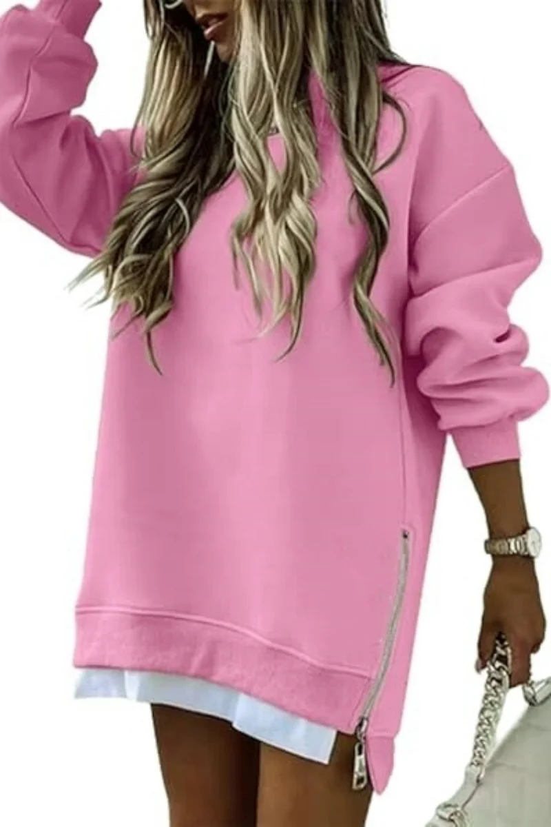Women's  Spring Autumn Fashion Splicing Side Zipper Design Sweatshirt Round Neck Long Sleeved Mid Length Irregular  Tops