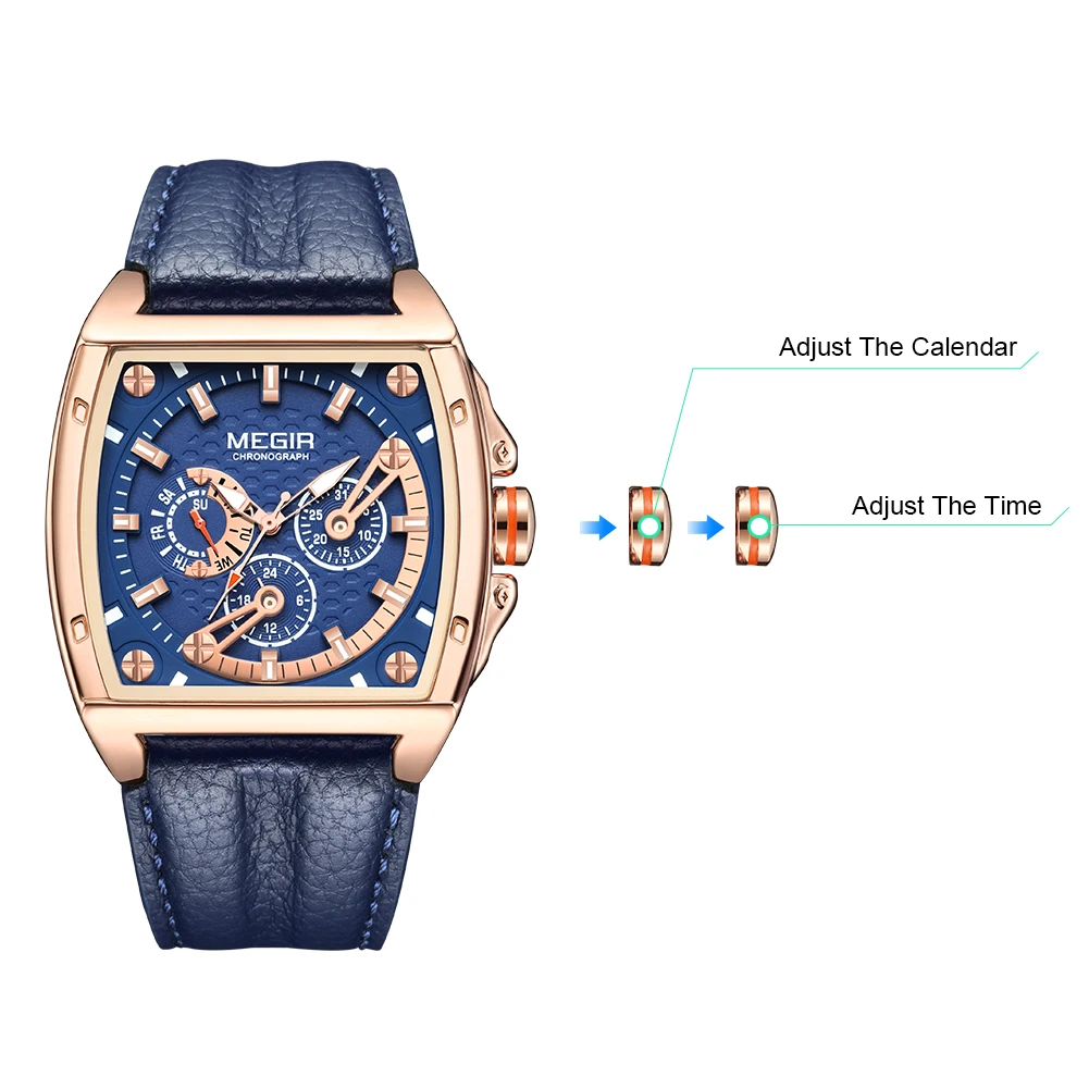 Reloj MEGIR para hombre, cronógrafo de cuarzo a la moda, reloj de pulsera deportivo resistente al agua con esfera grande, indicador de fecha y semana las 24 horas, reloj para hombre 2204