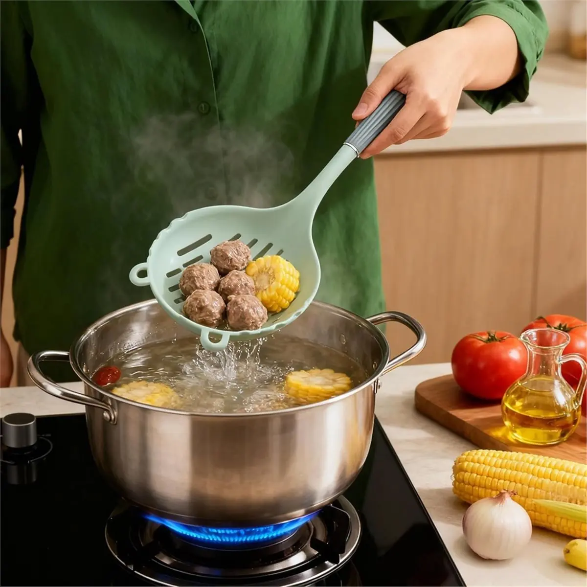One-Piece Silicone Slotted Spoon, Large Kitchen Spoon for Noodles, Dumplings, Pasta, Dishwasher Safe Kitchen Utensil