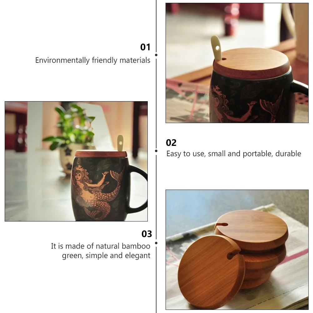 

6pcs Bamboo Cup Lid for Coffee Mug Dust Proof Travel Friendly Spoon Kitchen Bar Accessories