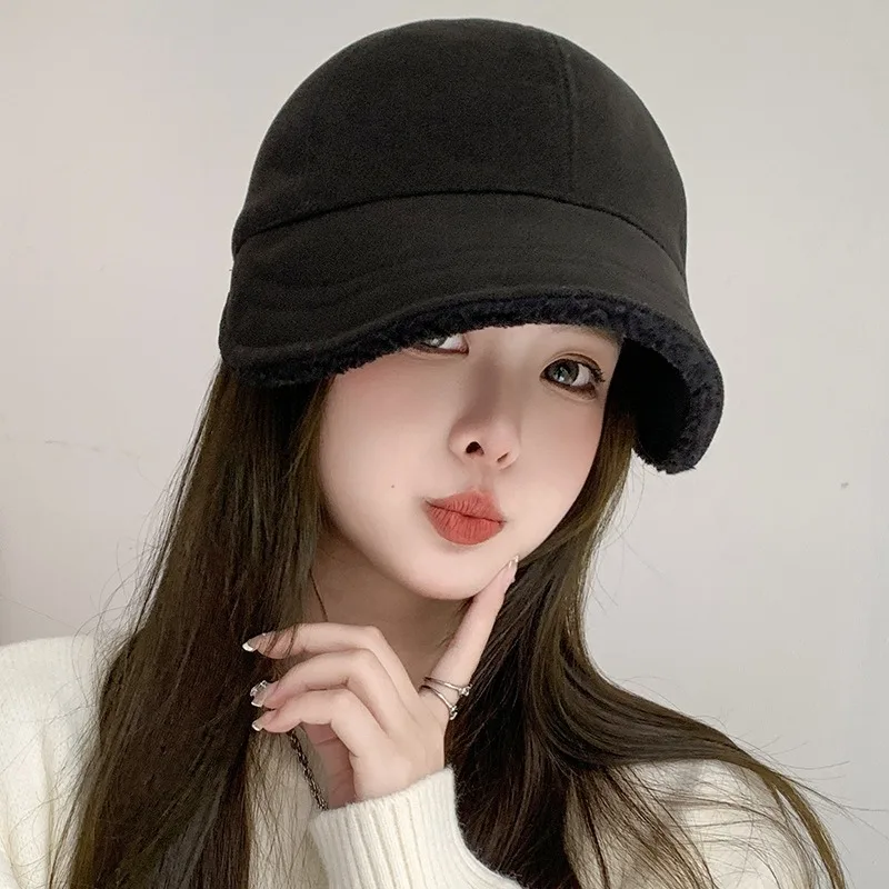 Winter Double-sided Wearing Bucket Hat for Women Lamb Wool Hat Solid Fleece Warm Fisherman Hats Female Casual Basin Caps 2023