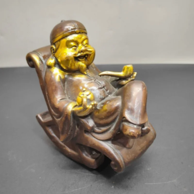 Antique Gilded Copper Landlord Figure Statue, Home Wealth Attracting Vintage Handicraft Desktop Ornament