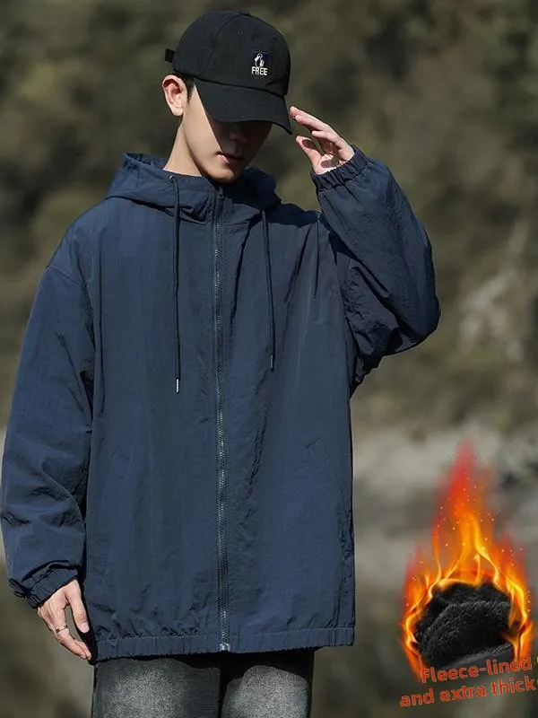 

Мужская утепленная куртка с флисовой подкладкой, свободного кроя, для повседневной носки и работы, ветрозащитная, теплая, осенне-зимняя верхняя одежда с капюшоном из полиэстера и нейлона