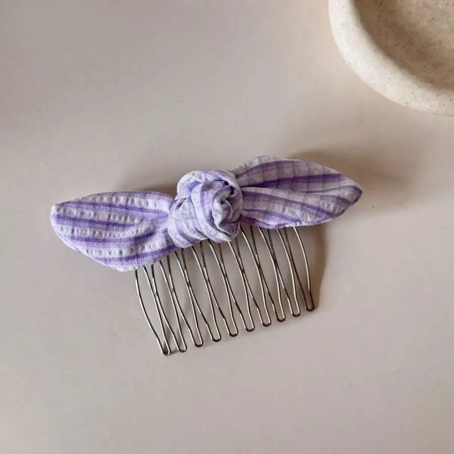 Lavender Plaid Bow Hair Comb For Women Korean Style Hair Accessory