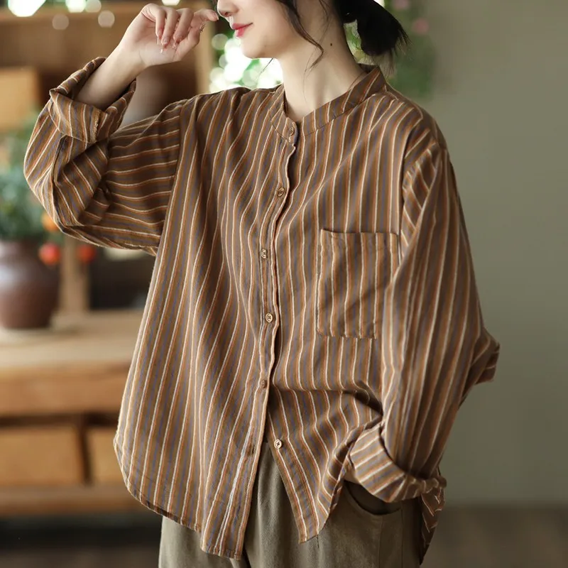 

2023 Spring Autumn New Arts Style Women Long Sleeve Loose Casual Shirts Single Breasted Stripe Cotton Linen Blouse Tops P367