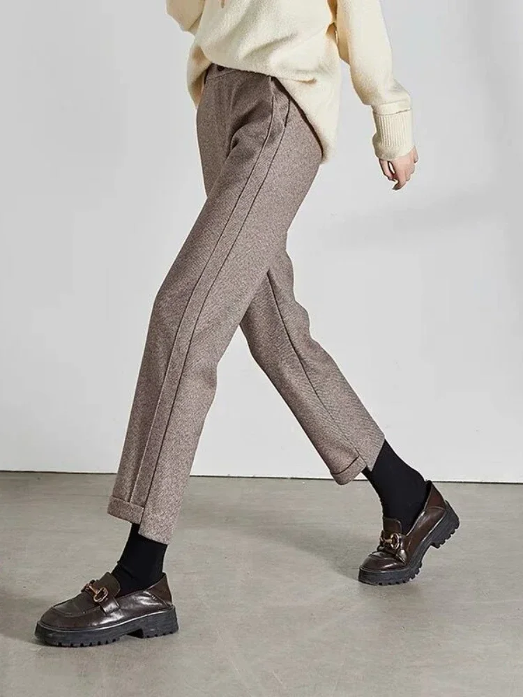 Calça reta de Tweed de cintura alta feminina, solta, casual, espinha de arenque, quente, engrossada, recortada, novo, outono, inverno, 2022