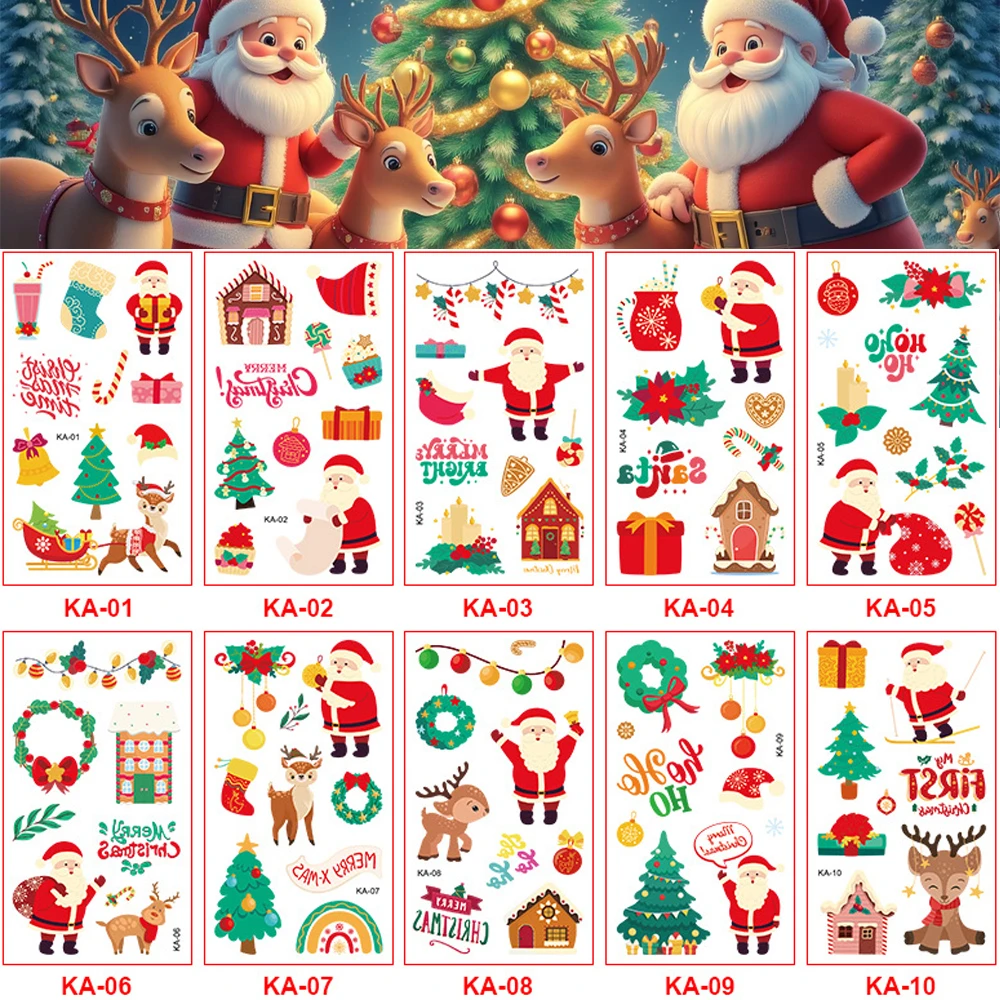 

10pcs/set New Christmas Snowman Candy Temporary Tattoo Stickers Christmas Tree Waterproof Fake Tattoo For Funny Party Gift