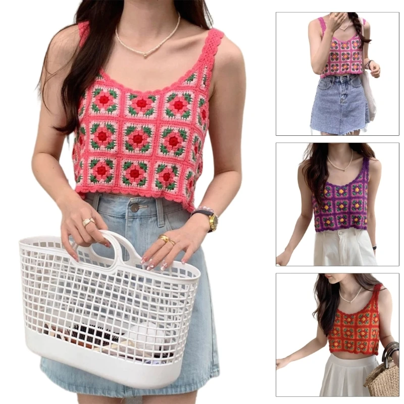 

Women Summer Hollowed Crochet Colorblock Flower Sleeveless Crop Top Vests Bohemian Korean Beach Vacation Camisole