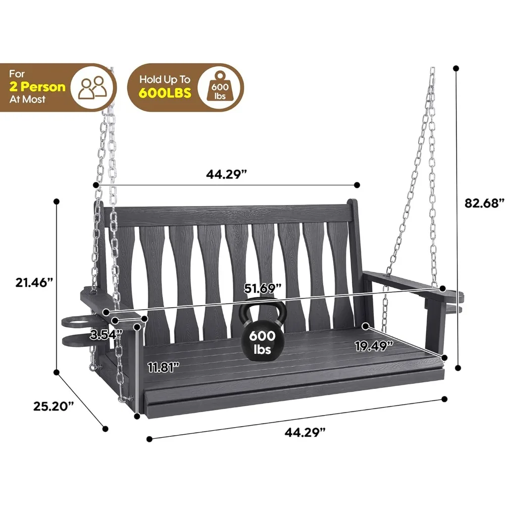 أرجوحة الشرفة المعلقة في الهواء الطلق في جميع الأحوال الجوية، مقعد أرجوحة معلق بمقعدين مع حاملات أكواب، كرسي أرجوحة للفناء مع سلاسل معلقة