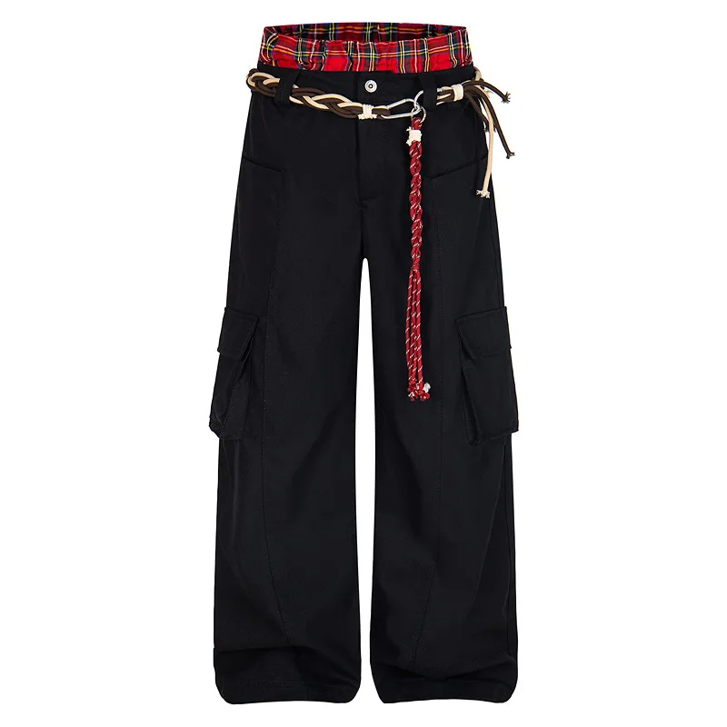 

Unisex Vintage Utility Pants Heavyweight Baggy Wide Leg Plaid Lining Contrast Trim Detail (Multi-Pocket Stacked Hem Streetwear)
