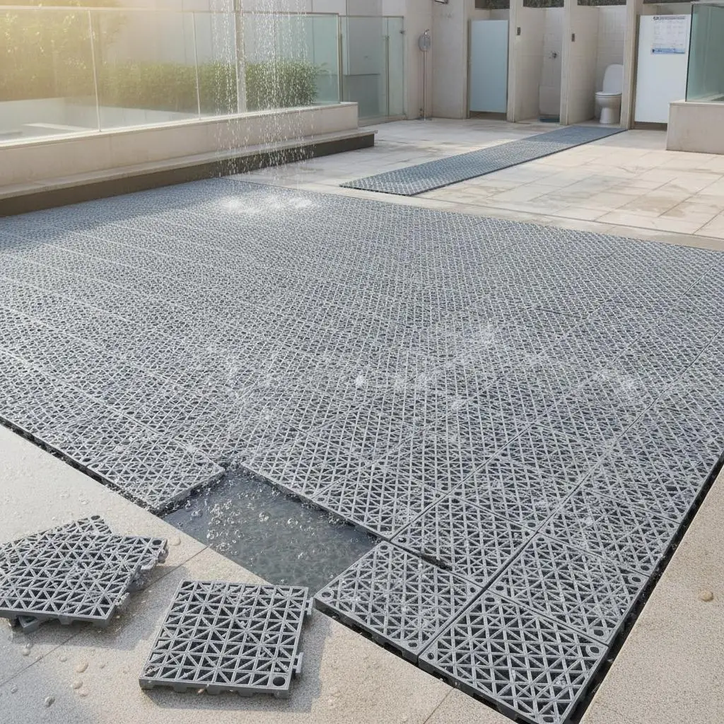 

Splicing Gridding Mat 12" x 12" x 0.6" For Restroom Bathroom Kitchen, 55PCS Soft PVC Interlocking Modular Design Grey Color S