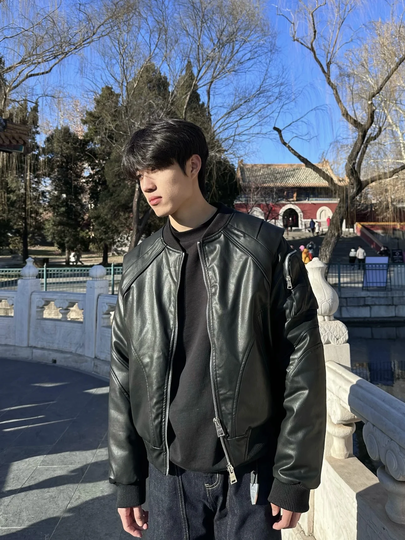 

American Street Sle Deconstructed Design Leather Jaet Men's Autumn Winter New Faion ort Bomber Windproof Leather Coat