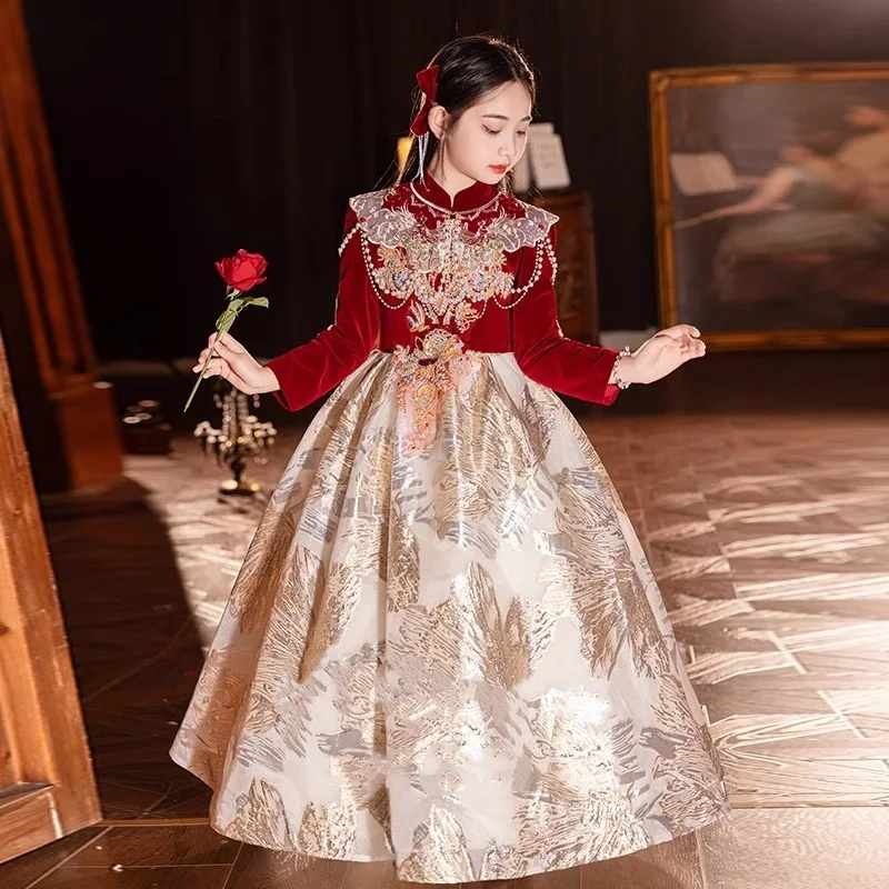 

Girls' New Chinese Style Ancient Style Birthday Red Retro Performance Trendy Children's Shawl Princess Dress