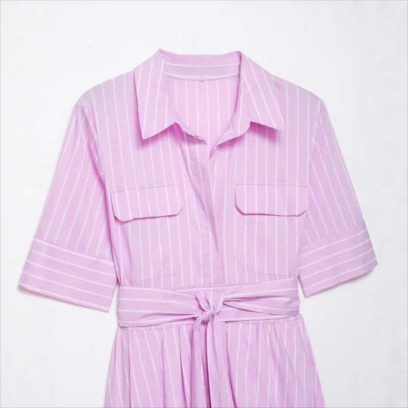 2025 여름 신상 여성 패션 팝린 셔츠 스타일 벨트 롱 원피스, 여성용 패션 반팔 캐주얼 드레스