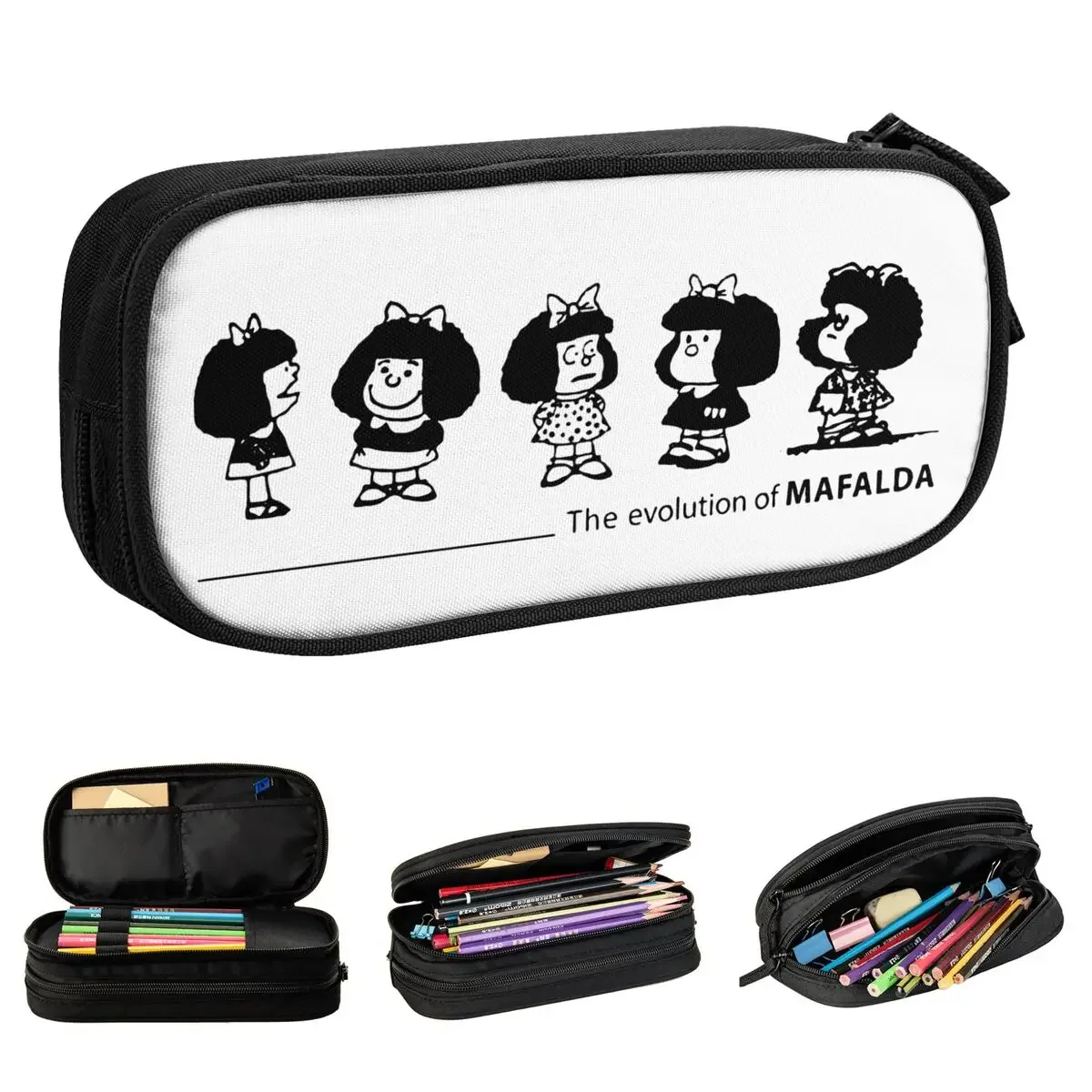 The Evolution Of Mafalda Comic Quino Pencil Cases Cartoon Pen Holder Bag Student Big Students School Cosmetic Pencil Pouch