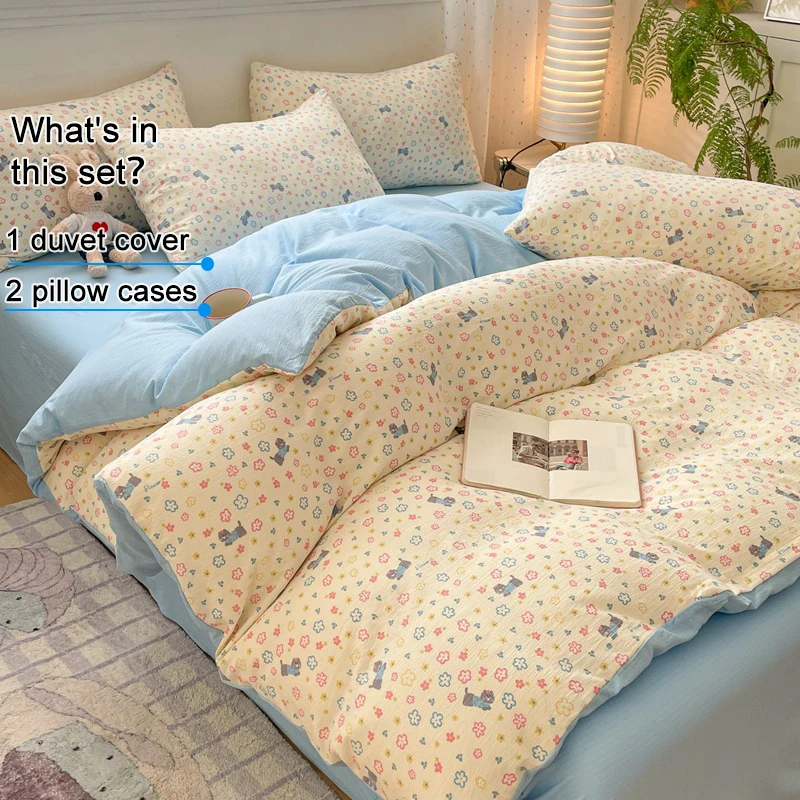 Cute Cartoon Duvet Cover Set Double Layer Yarn Woven Microfiber Bedding Set Duvet Cover 2Pillowcases Breathable Bedroom Decor