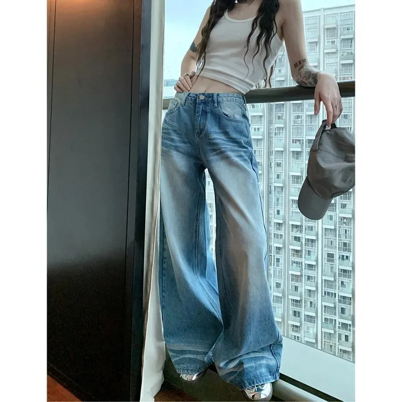 

Women's Retro Washed Wide Leg Jeans High Waist Loose Denim Pants