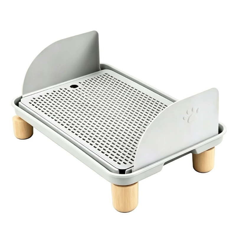 Pet Litter Tray Step with Perforated Top and Entry Platform, Side Guards and Wooden Legs for Kittens Senior Cats Home Daily Y5GB