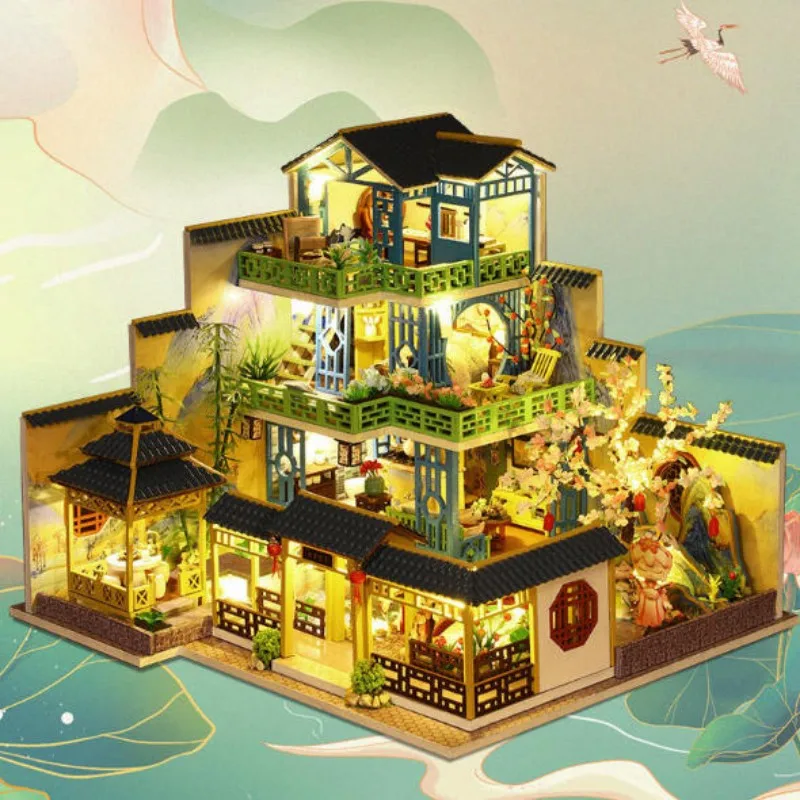 جديد لتقوم بها بنفسك دمية خشبية مع الأثاث ضوء كازا المنزل النمط الصيني فيلا نموذج مصغرة بيت الدمية عدة اللعب هدايا عيد الميلاد #1