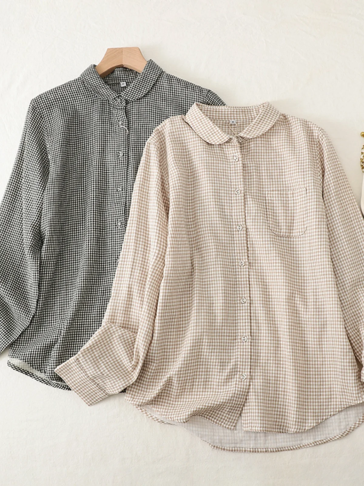 Sle japonês solto ajuste xadrez irt feminino algodão linho longo gola sve vintage outono topo efeito de emagrecimento