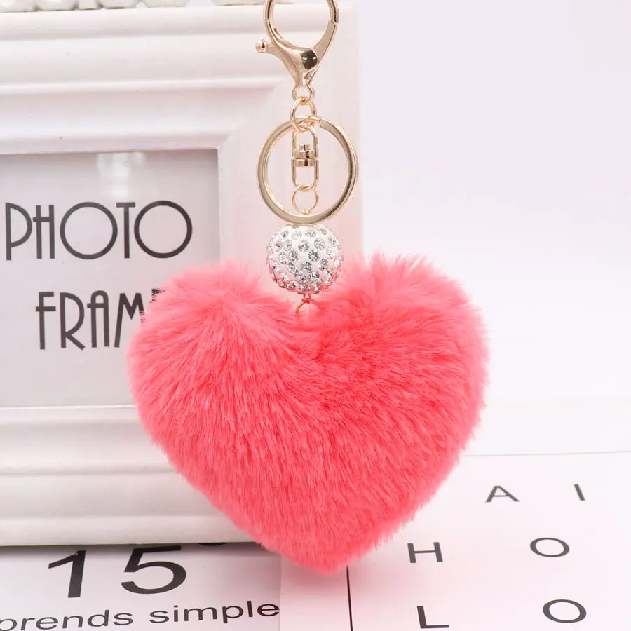 Soft Rabbit Fur Love Zircon Ball Charm Key Chain Jewelry for Women Colorful Love Key Ring Accessories Bags Keychains for Girls