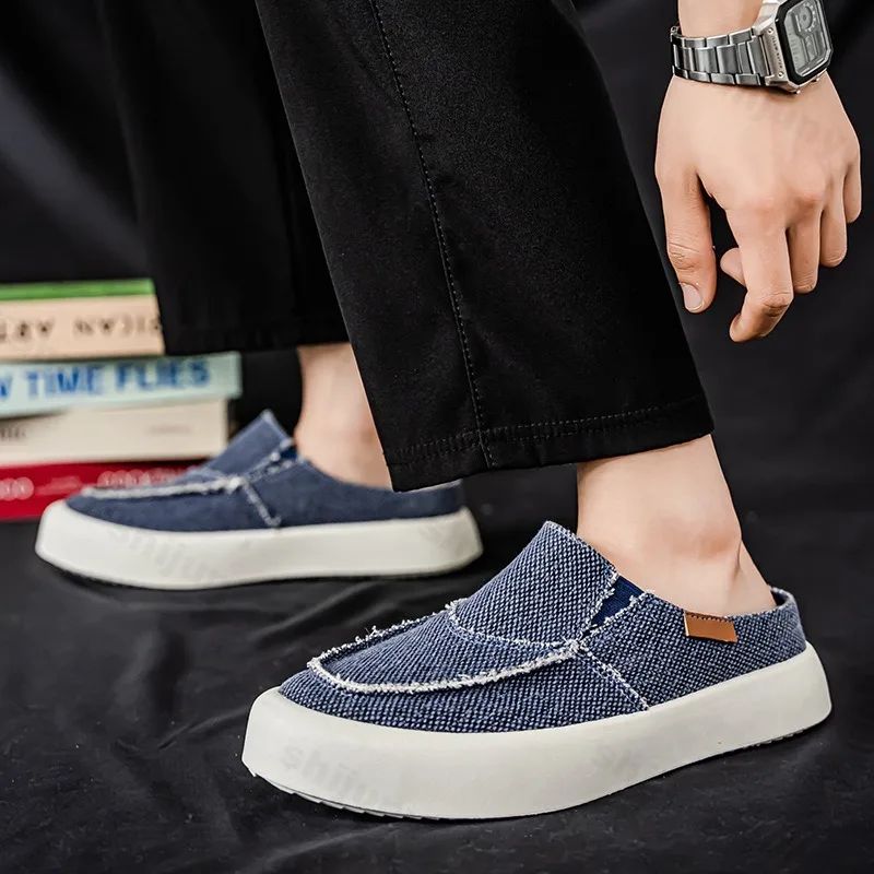 Men's Niche Fashion Casual Thick Soled Canvas Half Slippers 2025 Autumn Low Top Comfortable Versatile Non Slip Chunky Drag Shoes