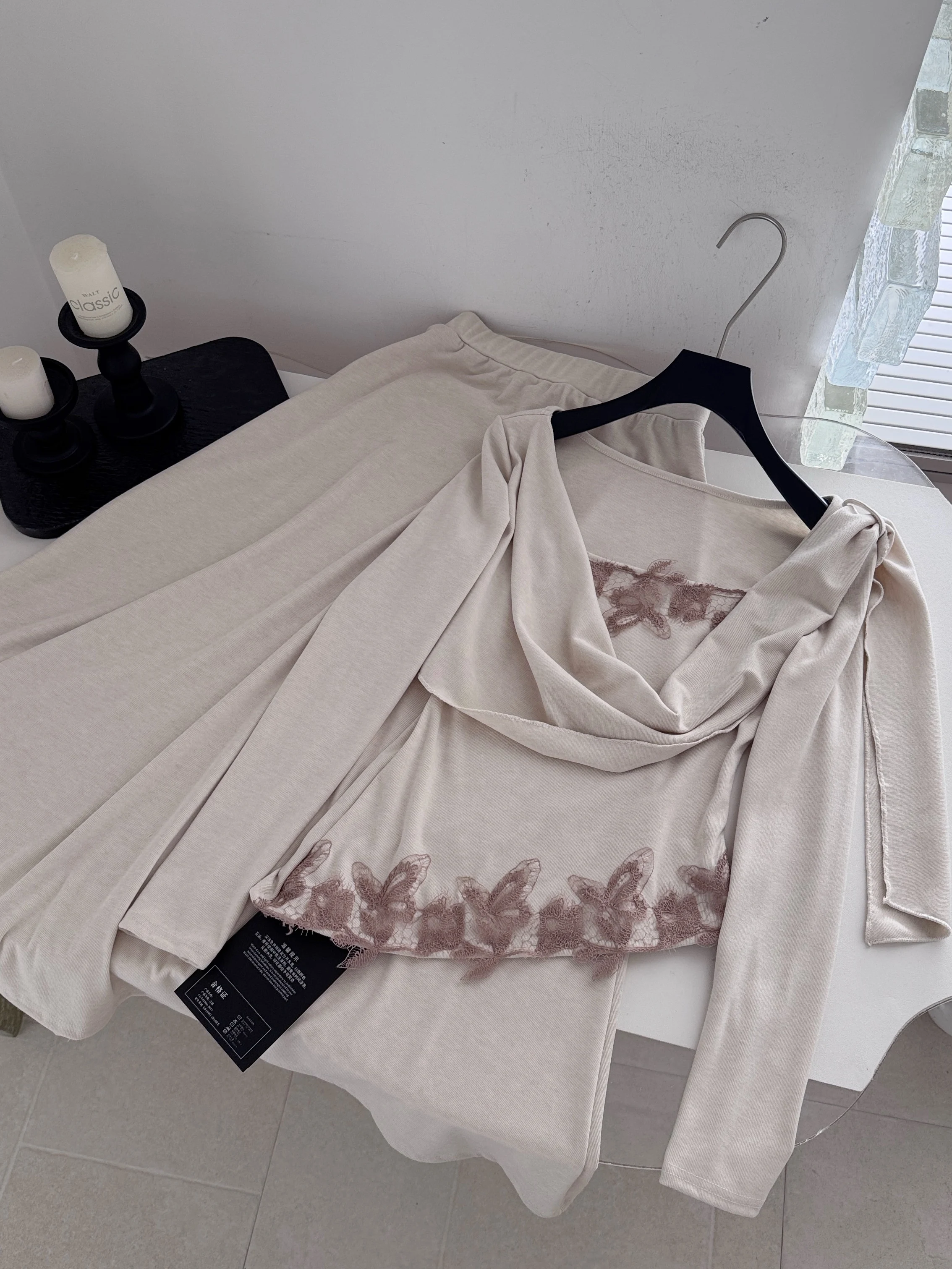 Elegant Lace Splice Long Sleeve Top High Waist Skirt Two-Piece Set for Women Autumn Season Fashionable Versatile Outfit