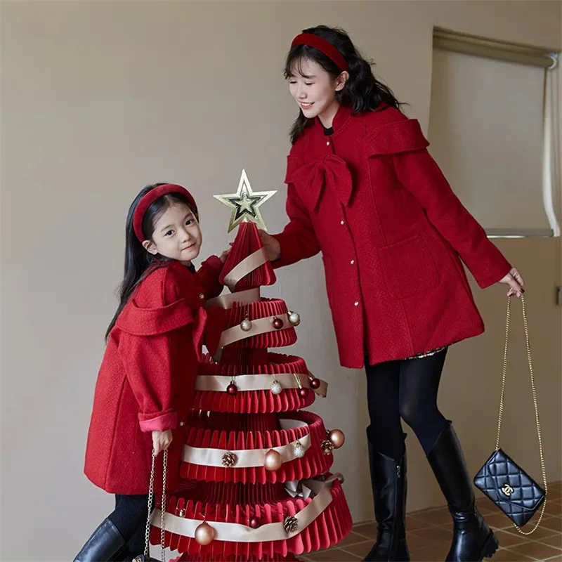 Mom and Baby Girl Red Long Jacket for Christmas Winter New Year Mother Daughter Matching Thick Warm Tweed Coat Women Outerwear