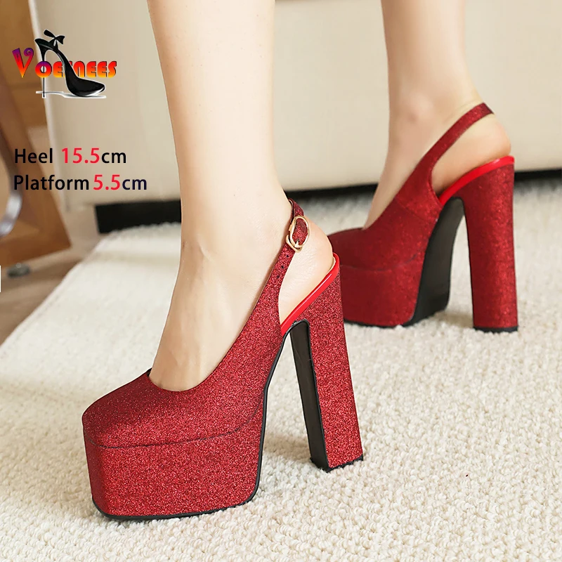 2024 New Women Thick High Heels Waterproof Platform Summer Model Catwalk Show Shoes Sequined Cloth Square Toe Sandals Size 34-43