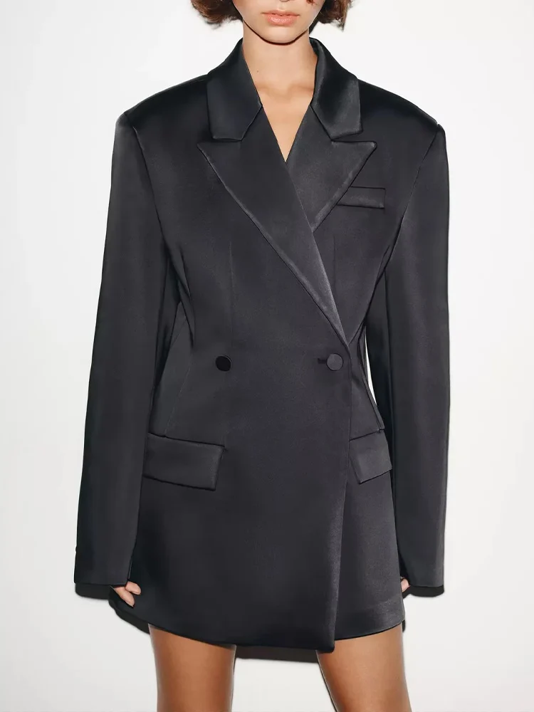 

European-style new women's fashionable and versatile solid color silk satin button-down suit jacket.