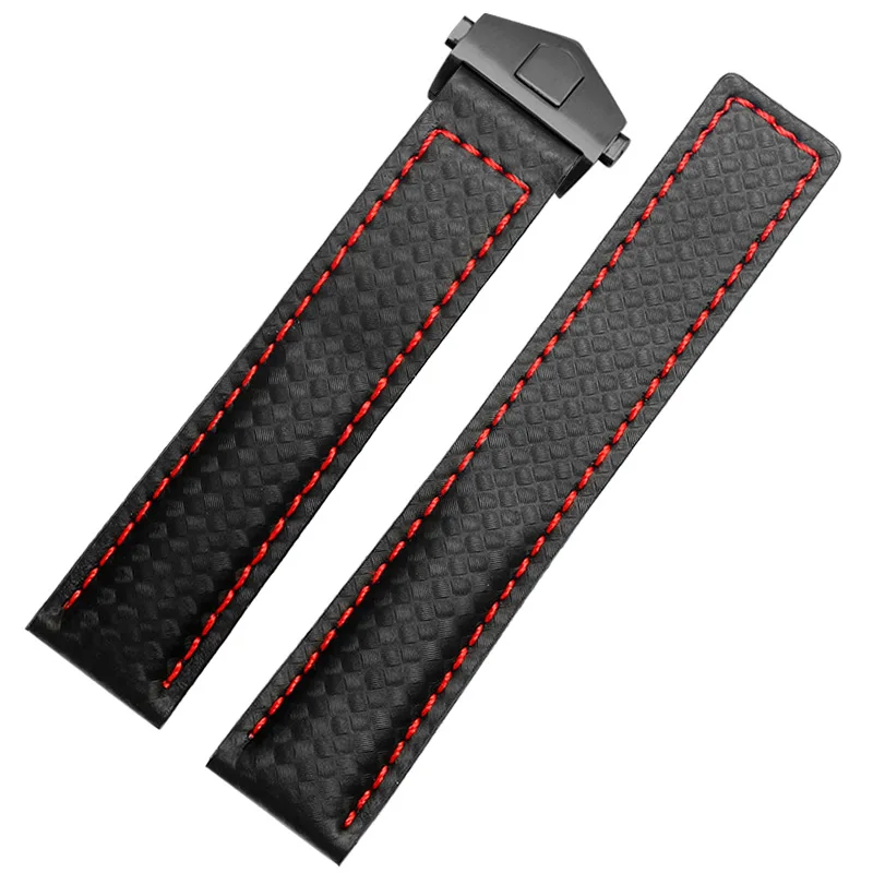 Carbon fiber texture genuine leather bottom watchband For TAG wristband men\'s black with red line strap 20mm with folding buckle