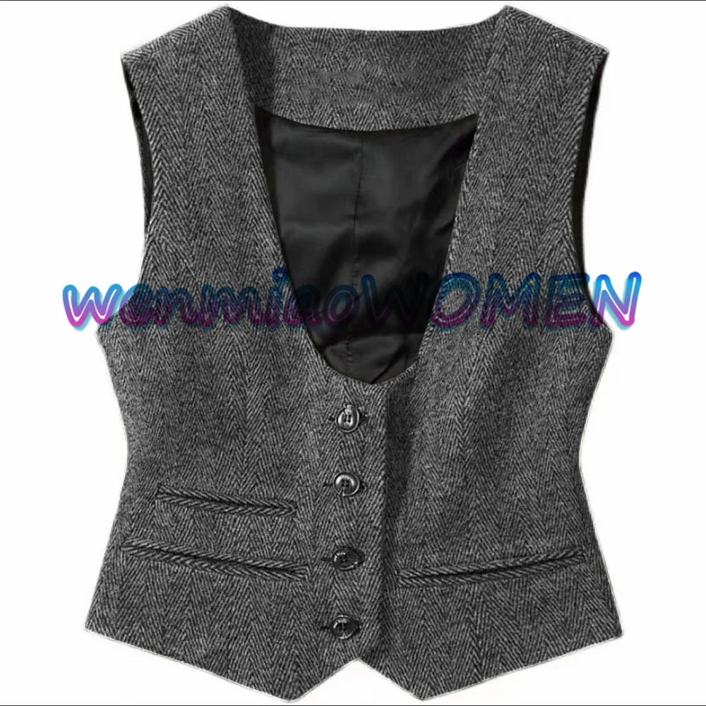 Women\'s Vintage Herringbone Vest, Slim Fit Sleeveless Jacket, Wool Waistcoat, Dark Grey Suit Vests for Lady, New, 2022