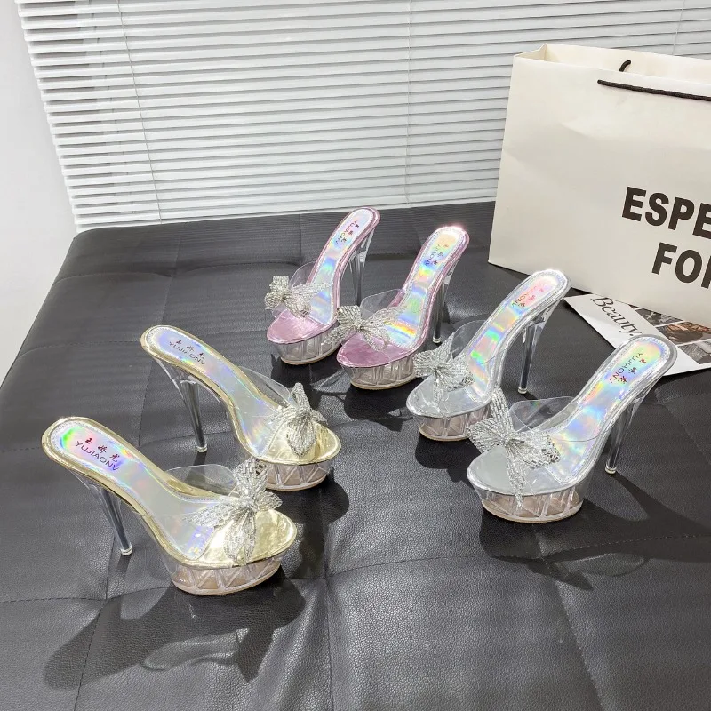 2024 Summer Transparent Crystal Shoes Women\'s Platform Fashion New Slippers 15CM Ultra High Heels Sandals Rhinestone Bow Pumps