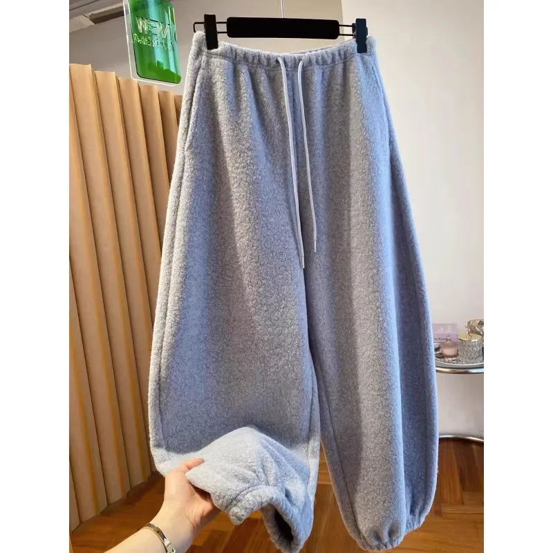 

Men's Casual Lamb Fur Pants Loose Fit Autumn Winter Polyester Fiber Wide Leg Trousers Comfortable All-Match Cuffed Pants