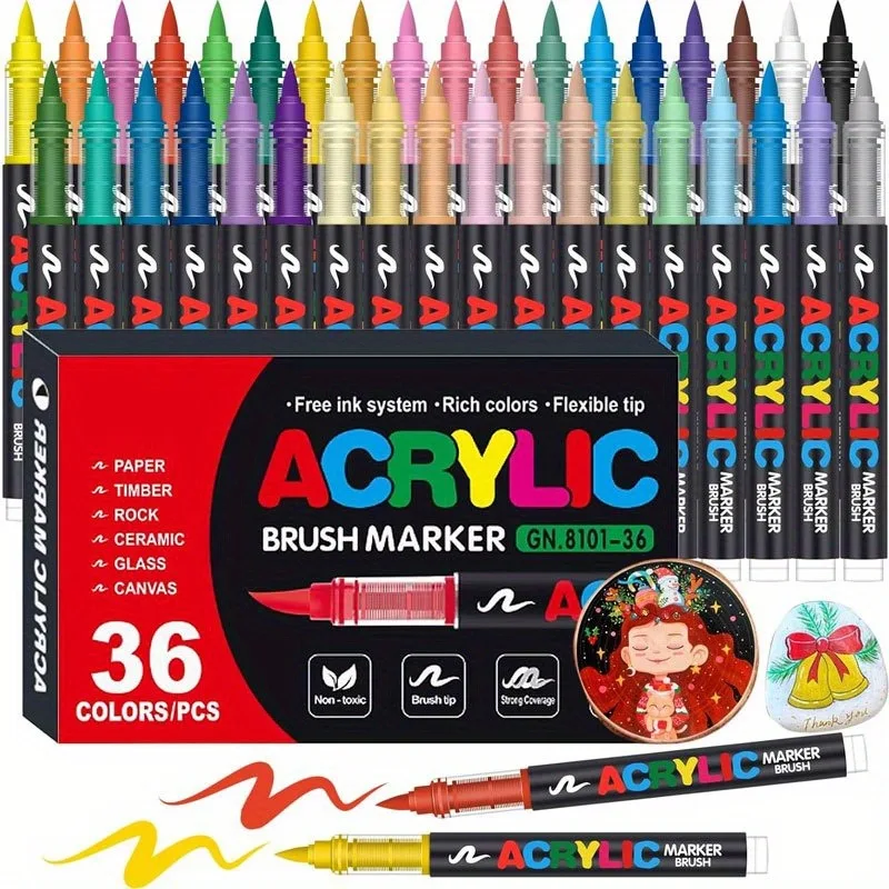 24/36 Colors Acrylic Paint Pens Set, Soft Flexible Brush Tips, Perfect for Halloween Christmas DIY Crafts Art Supplies