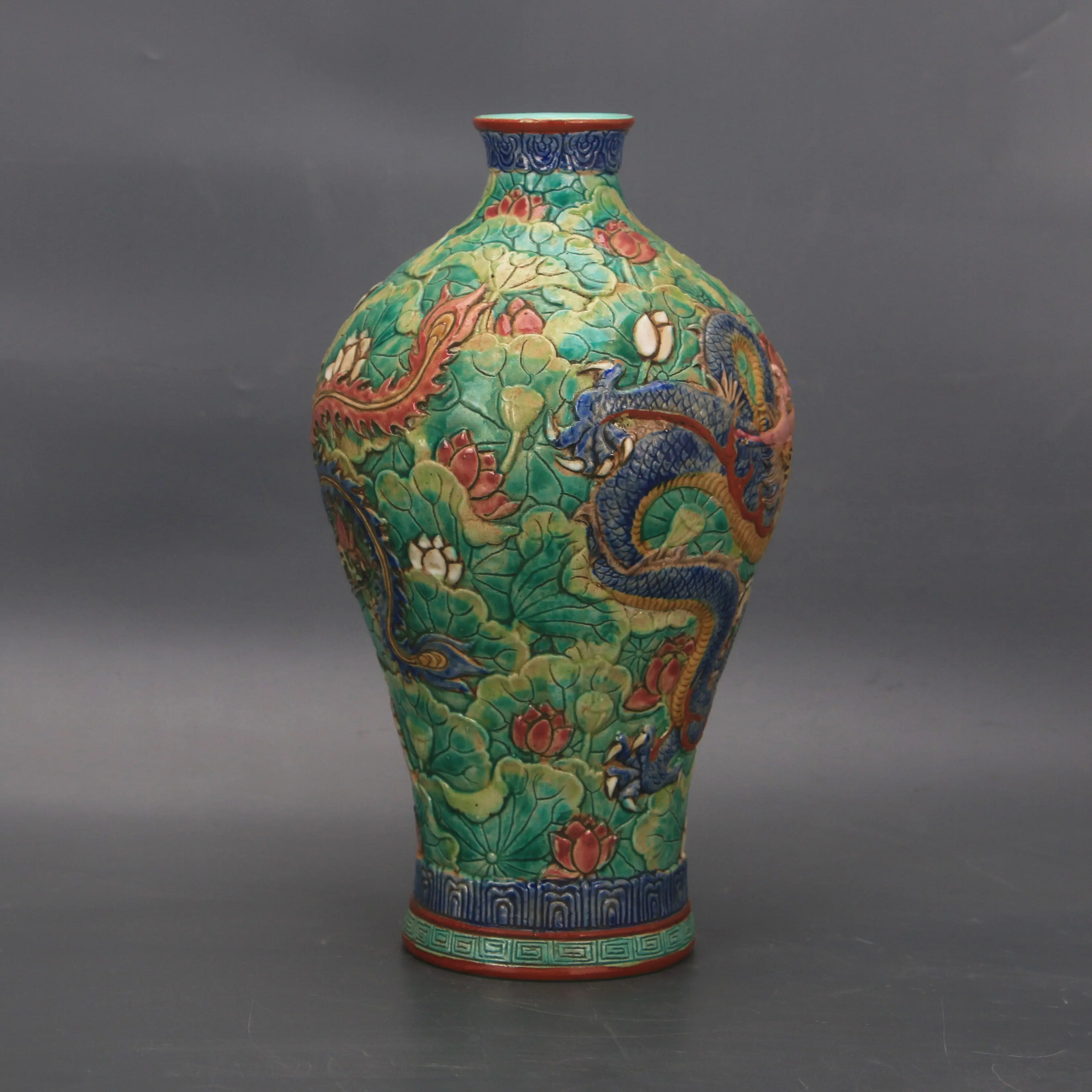 Famille Rose Plum Vase Qianlong Style Relief Green Dragon Phoenix Replica Porcelain Home Decor Collectible