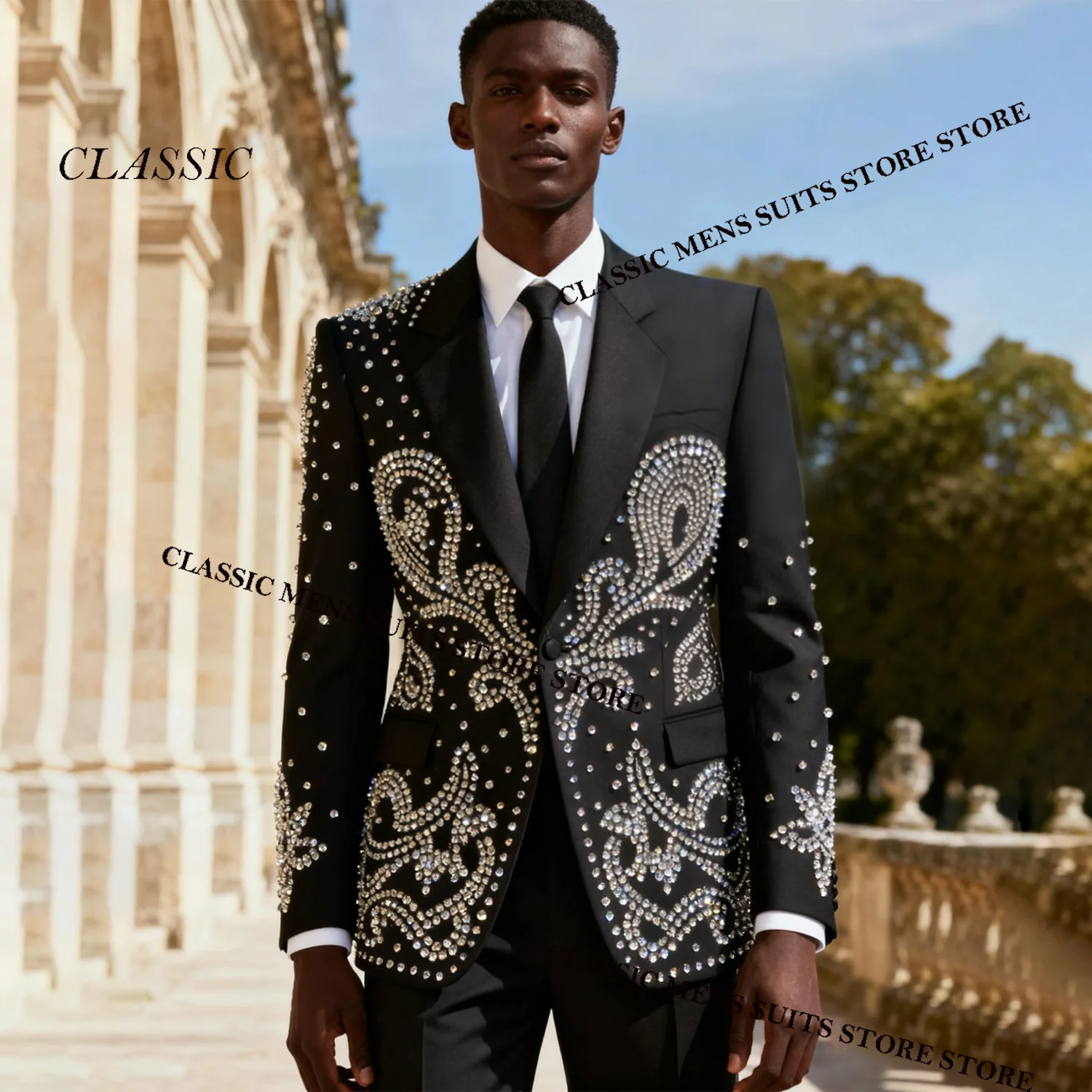 

Elegant Metallic Jewelry Ornament Tuxedo Men Suits 2 Piece Wedding Groom Male Customized Prom Blazer Slim Party Ternos Completo