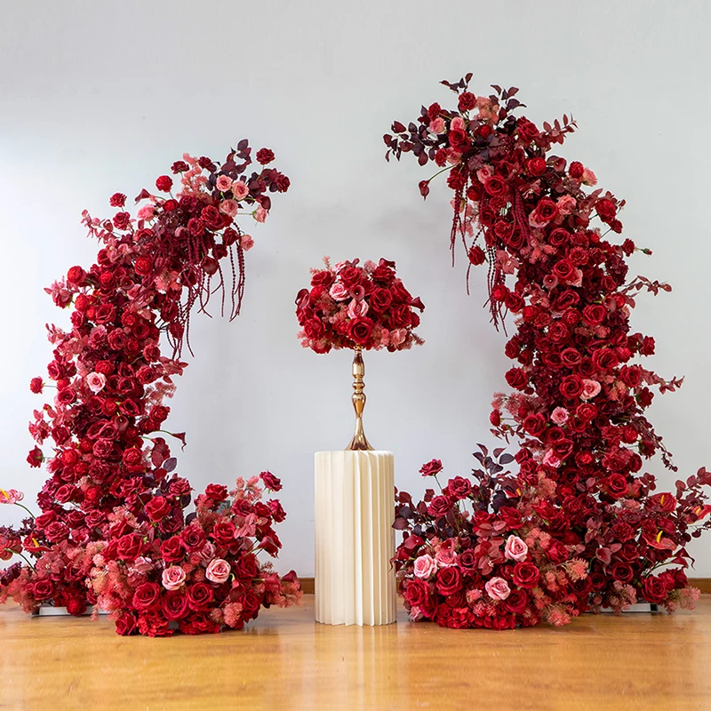 Red Rose Peony Floral Arrangement Horn Arch Wedding Decor Flower Stand Artificial Floor Flower Table Centerpiece Ball Party Prop