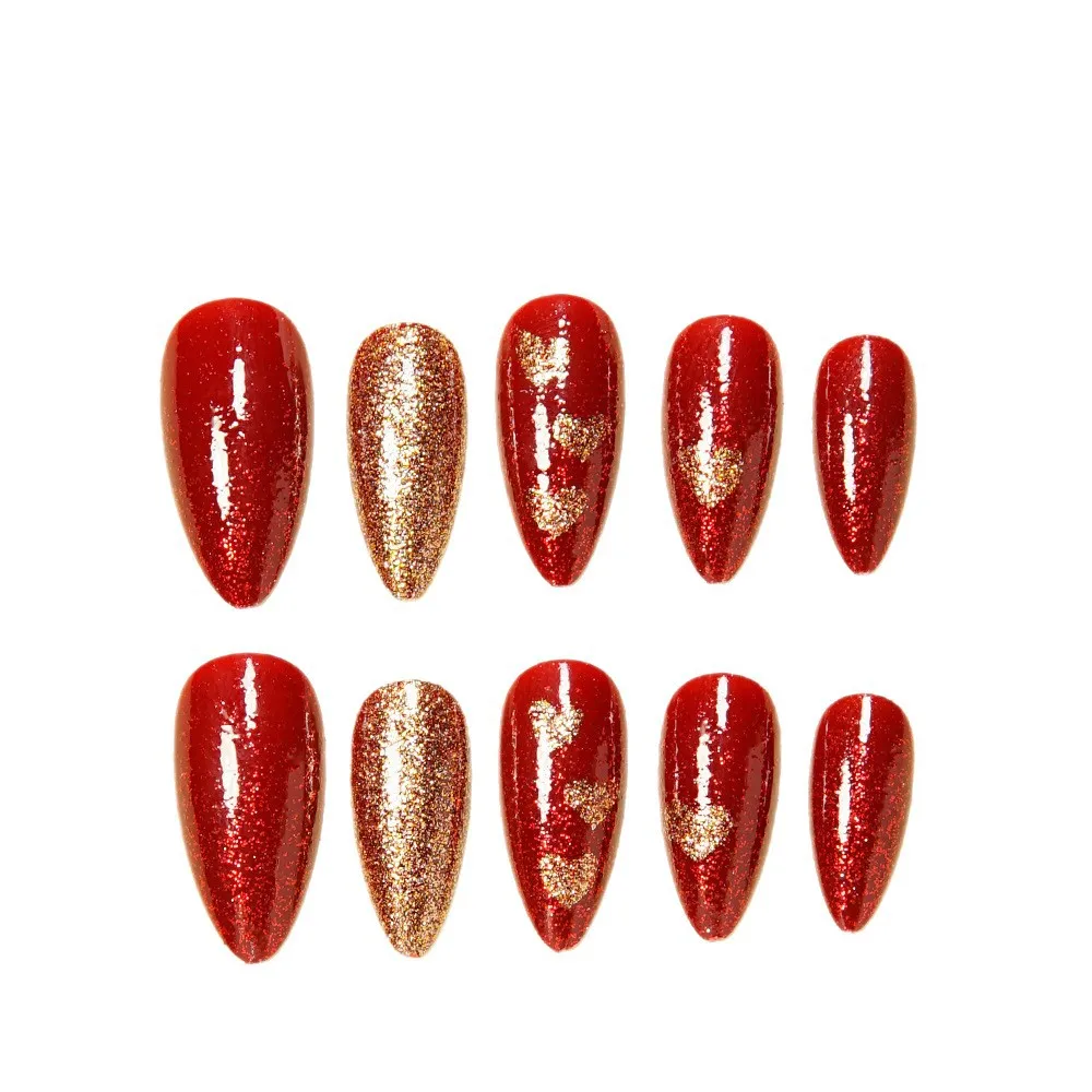 

24PCS Almond Shape Press on Acrylic Nails with Red Gloss Love Heart False Nails French Romantic Design for Sweet Girls Manicure