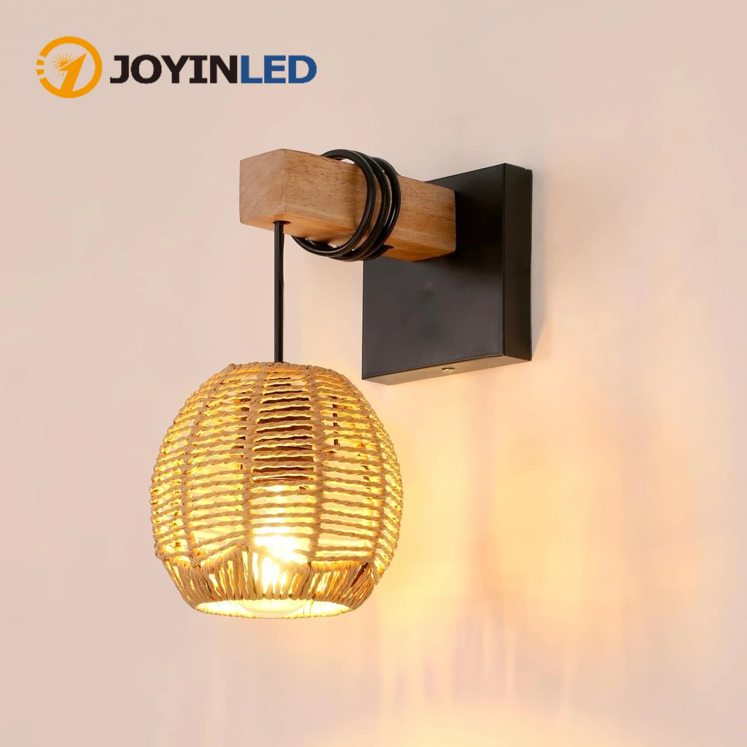 

Retro Paper rope Wall Light Wood E27 Vintage Boho Wall Lamp Industrial Metal Wall Light forHallway LivingRoom Bedroom Staircase