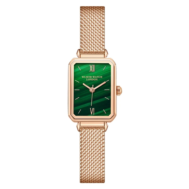 Fashion Wlisth Top Brand Women Square Ladies Quartz Bracelet Set Green Dial Simple Rose Gold Mesh And Leather Luxury Watches