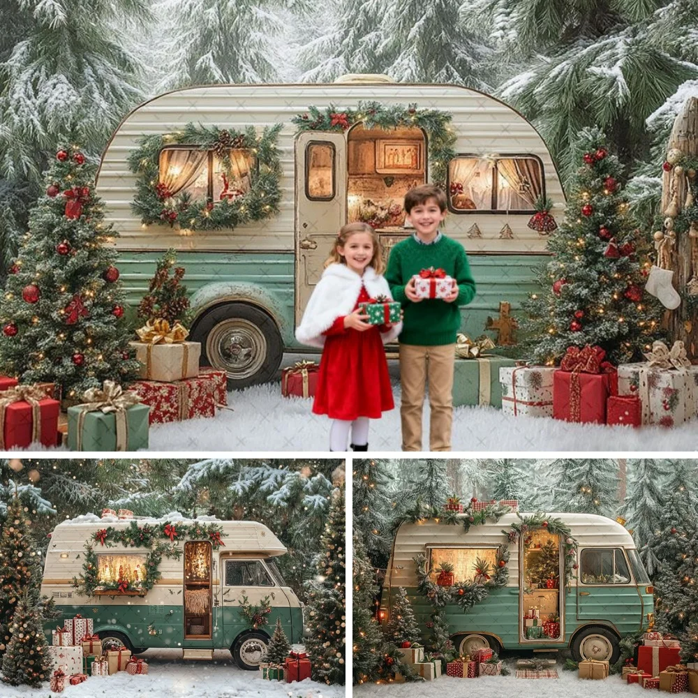

Winter Christmas Snowy Forest Car Gift Photography Background Xmas Tree Kids Family Portrait Decor Backdrop Photo Studio Props