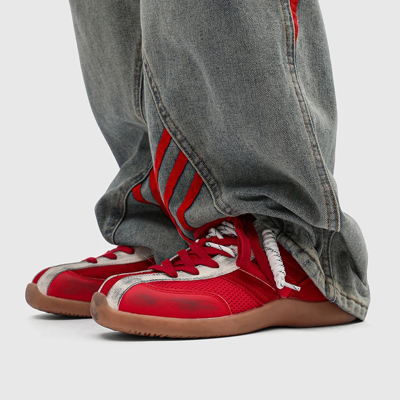 秋レッドメイクオールドスニーカー男性快適なローカット通気性メンズレーシングシューズヴィンテージレースアップカジュアルスニーカー女性フラットトレーナー