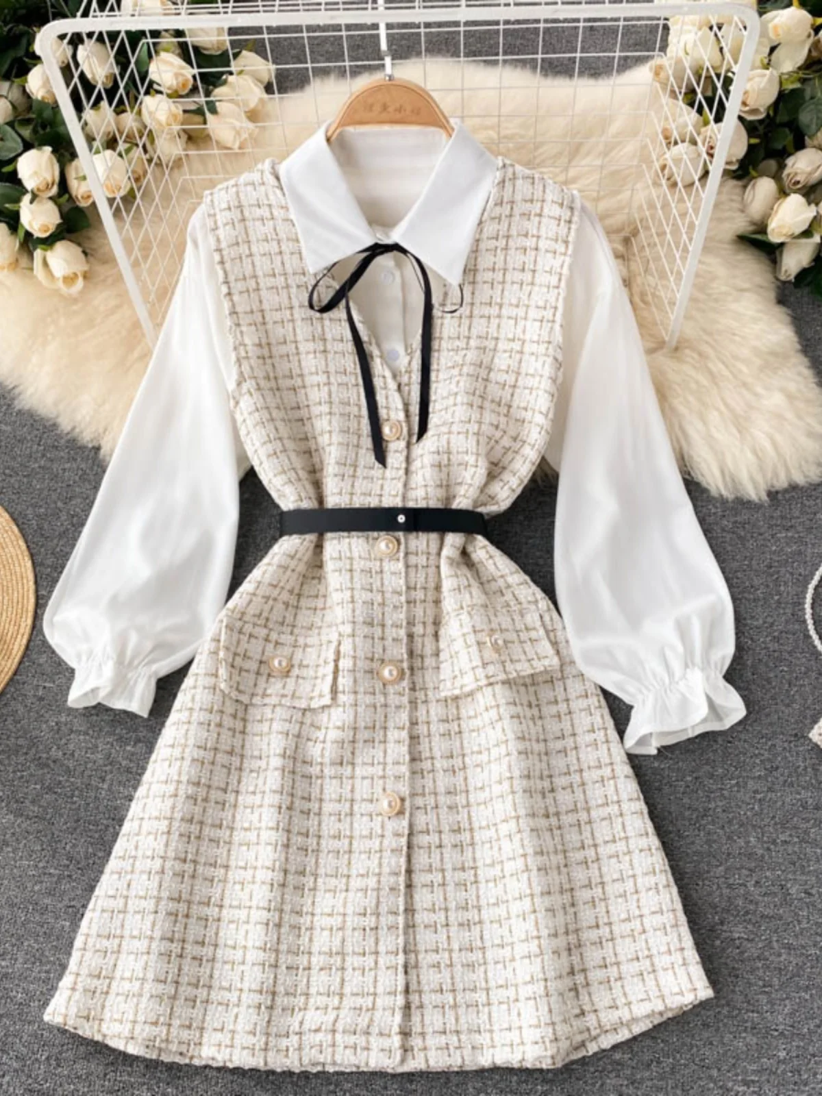 Inizio autunno New Sle Bubble da donna Sve irt e gonna scozzese Set in due pezzi Abito da donna Faionable ed Ele